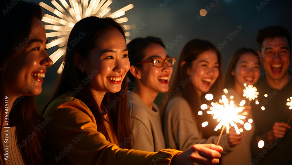 Obraz premium Happy Asian Friends Celebrating New Year with Sparklers Outdoors