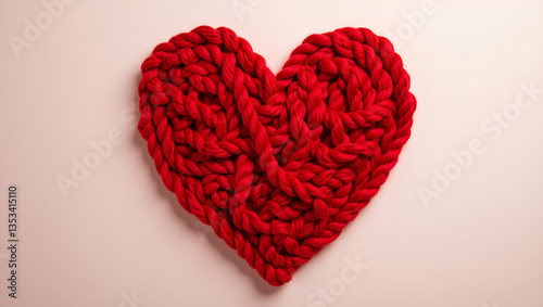 Flat Red yarn heart shaped on wall background symbolizing love creativity and artistic expression in decorative setting concept as Red yarn shaped into heart on wall background symbolizing love creati