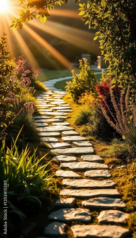 Obraz premium Sunlit stone path winding through garden, morning dew , sunlight, spring, natural