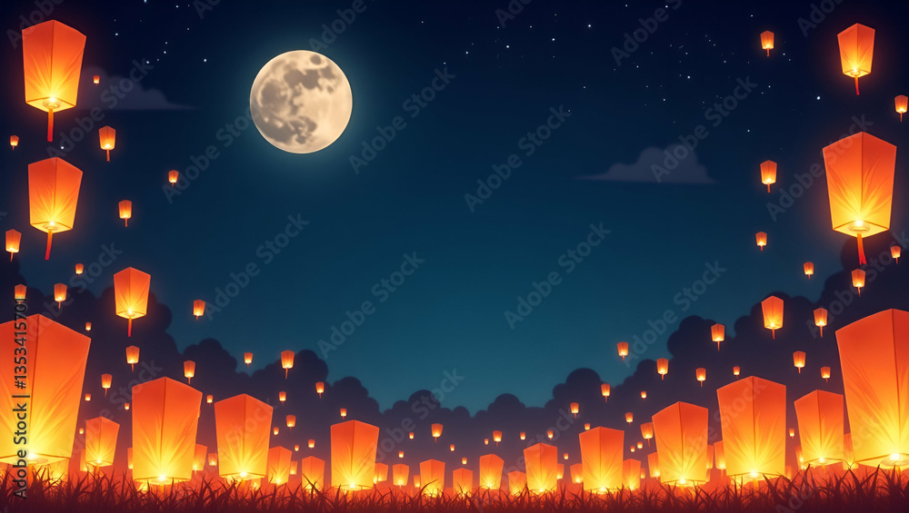 Naklejka premium Serene Lantern Festival Photo Frame: Soft Lanterns & Moonlight