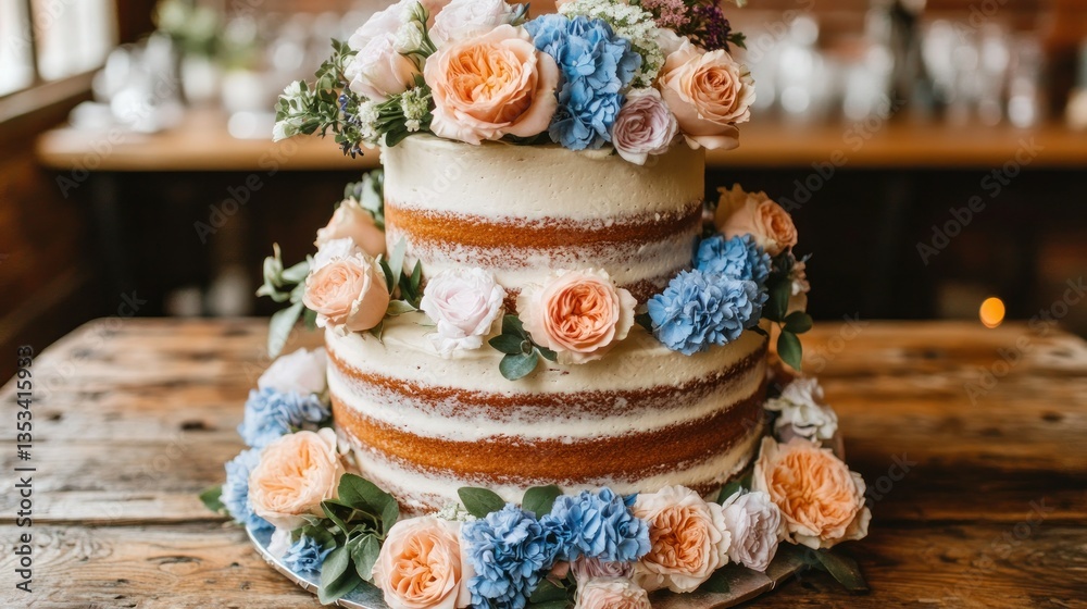 Elegant three-tiered wedding cake adorned with fresh flowers Elegant three-tiered wedding cake adorned with fresh flowers
