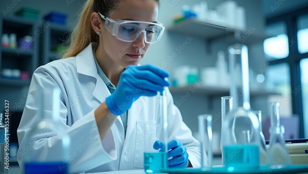 Medicine Research in Chemical Laboratory: Chemist Scientist Conducting Liquid Experiments and Test Analysis with Tubes, Beakers, and Glassware in a Pharmaceutical Medical Lab - Stock Photo Concept wit Medicine Research in Chemical Laboratory: Chemist Scientist Conducting Liquid Experiments and Test Analysis with Tubes, Beakers, and Glassware in a Pharmaceutical Medical Lab - Stock Photo Concept wit