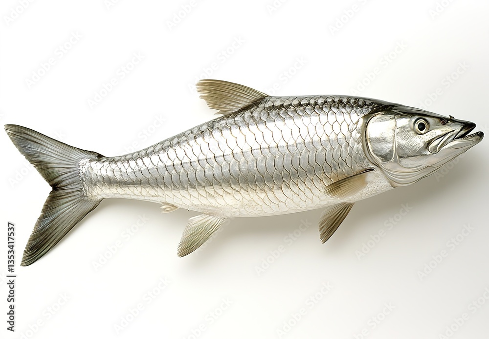 Fototapeta premium A silver fish with fine scales, strong reflective effect, placed on a solid white background, the fish has a slender shape, detailed textures on the tail and fins