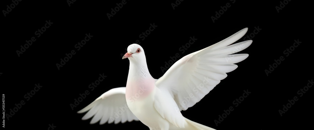 Obraz premium A pristine white dove, wings slightly spread, centered against a stark black background, simple, grace