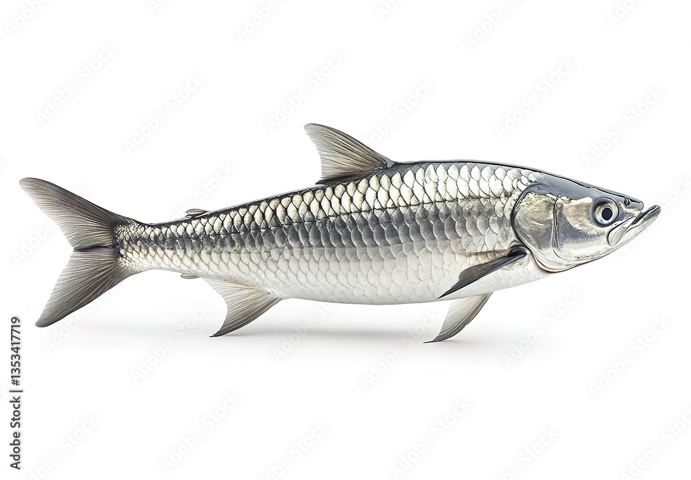 Fototapeta premium A silver fish with fine scales, strong reflective effect, placed on a solid white background, the fish has a slender shape, detailed textures on the tail and fins