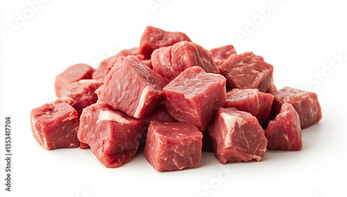 A pile of fresh raw meat cubes isolated on a white background, showcasing red, uncooked beef ready for cooking, grilling, or stewing.