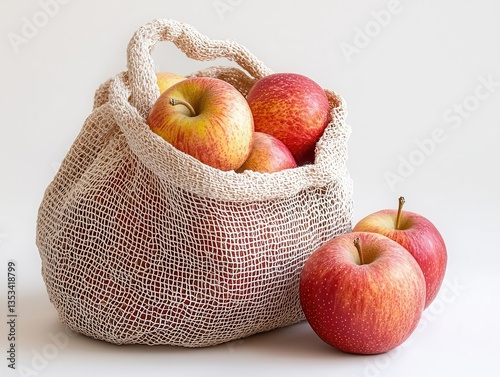 A cotton produce bag with freshly picked apples inside, emphasizing plastic-free shopping