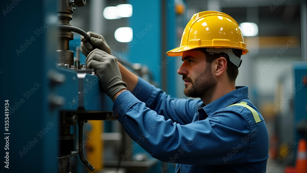 Flat Industrial engineer with protective hat adjusts heavy machinery ensuring reliable factory operations stable output and brand lift production under watchful quality controls concept as Skilled tec Flat Industrial engineer with protective hat adjusts heavy machinery ensuring reliable factory operations stable output and brand lift production under watchful quality controls concept as Skilled tec