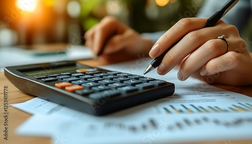 A hand holding a pen calculating with a digital calculator