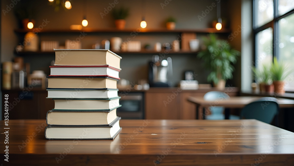 Fototapeta premium Cozy Cafe Photo: Neatly Stacked Books on Table with Empty Space