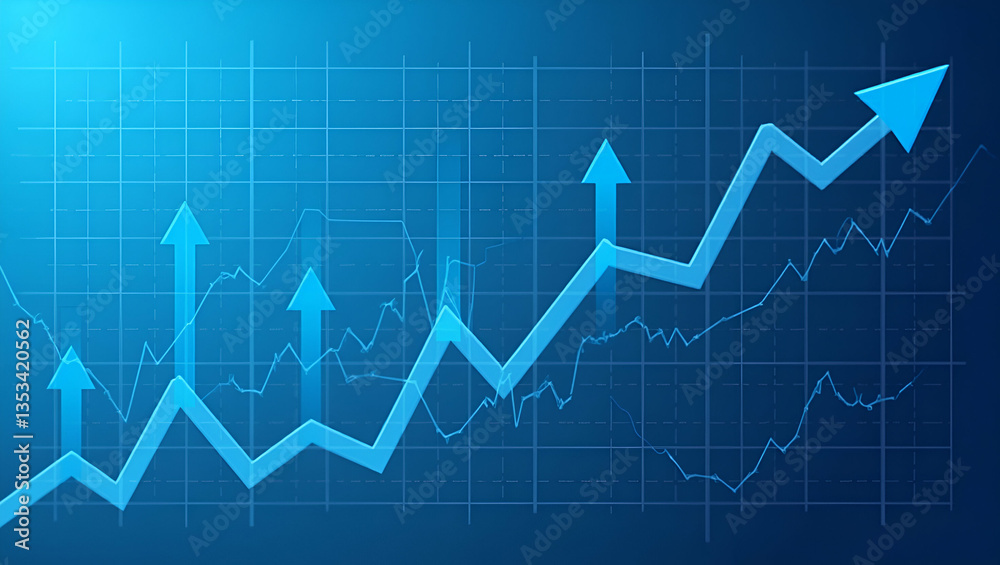 Flat Abstract Financial Graph with Uptrend Line and Arrows on Blue Background: A Cute Vector Illustration Symbolizing Stock Market Growth and Trends Flat Abstract Financial Graph with Uptrend Line and Arrows on Blue Background: A Cute Vector Illustration Symbolizing Stock Market Growth and Trends