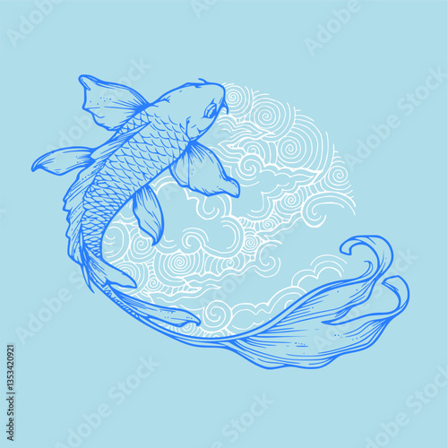 Koi fish with water and cherry flower Artwork vector white background