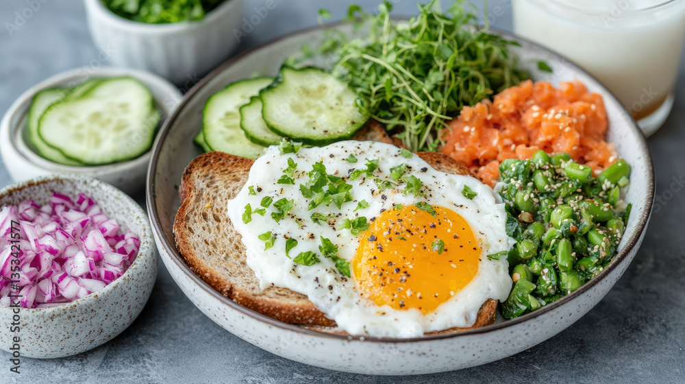 nutritious breakfast bowl featuring sunny side up egg whole grain toast, surrounded by fresh nutritious breakfast bowl featuring sunny side up egg whole grain toast, surrounded by fresh