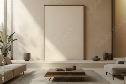 Modern living room with a large ISO A-size frame mockup on a smooth beige wall, surrounded by minimalist furniture, including a sleek coffee table and a comfortable sofa. 
