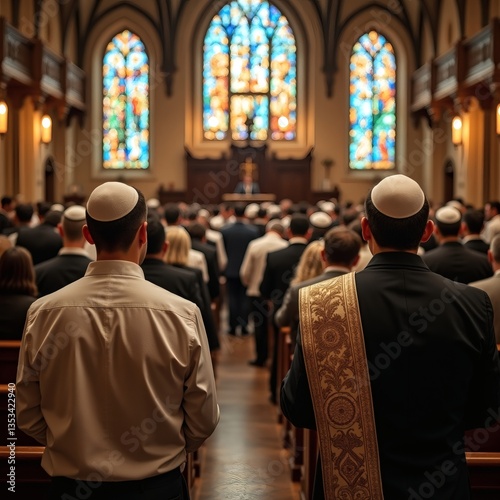 inside of a church or religious building with people attending a service. A group of people can be seen from behind wearing traditional attire, the scene evokes feelings of reverence and community. photo
