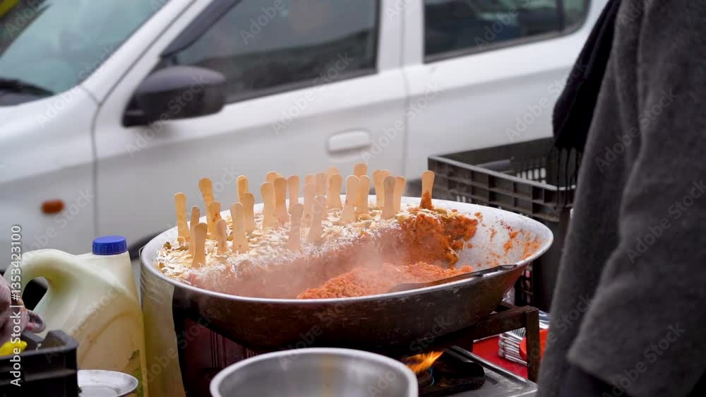 Street food vendor selling steaming Gajar ka Halwa carrot cake sweet dessert with wooden spoons placed on it a common festiival dish during Eid, Diwali, Holi in north India