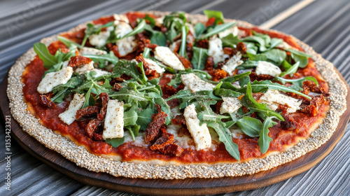 Raw vegan pizza with flaxseed crust topped with sun dried tomatoes and arugula, deliciously