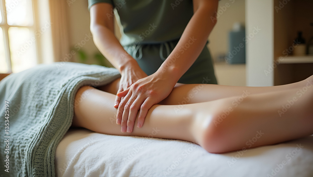 Obraz premium Close up of a massage therapist massaging a female leg at a spa salon representing relaxation wellness and therapeutic treatments in a serene environment. concept as Close up of massage therapist mass