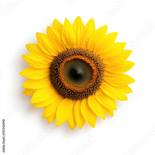 single sunflower with bright yellow petals on white background