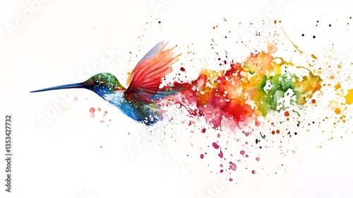 Watercolor hummingbird illustration with vibrant splatters and artistic flair