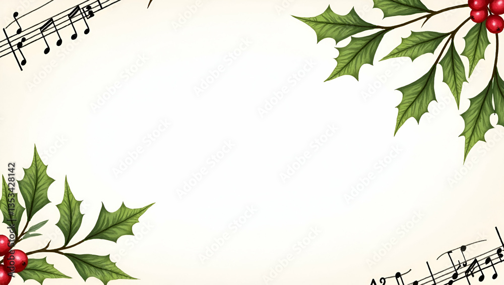 Obraz premium Beautiful Watercolor Illustration of Festive Holly and Sheet Music for Elegant Holiday Designs