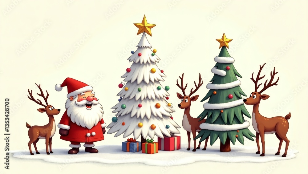 Santa Claus and Reindeer standing around Christmas trees, a joyful holiday scene with a gift box on the ground Santa Claus and Reindeer standing around Christmas trees, a joyful holiday scene with a gift box on the ground