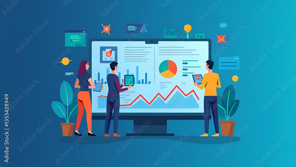 Business Data Analytics Design: Flat Vector Dashboard with Graphs for Finance Insights and Investment Decision Making - People Standing with Report Background and Space for Customization Business Data Analytics Design: Flat Vector Dashboard with Graphs for Finance Insights and Investment Decision Making - People Standing with Report Background and Space for Customization