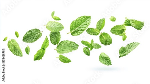 Fresh mint leaves floating in mid-air, creating a vibrant and lively composition against a white background