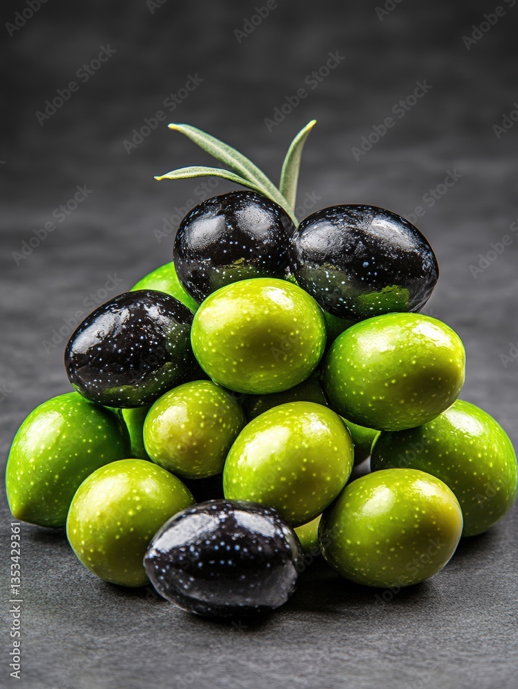 Obraz premium Small pyramid of vibrant green and dark Kalamata olives beautifully garnished with fresh rosemary sprig resting on sleek dark gray surface background