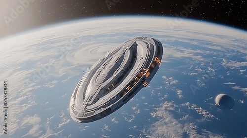 Fototapeta Naklejka Na Ścianę i Meble -  A futuristic orbital space station hovers above planet earth