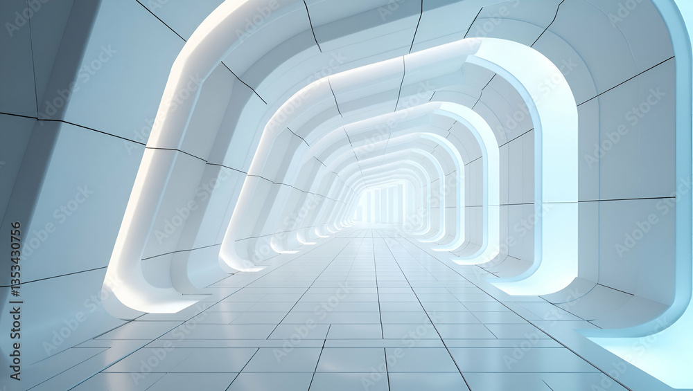 Fototapeta premium Depict futuristic tile weaving angled arcs neon geometry large white blocks evoking advanced workplace design forms concept as Display refined code inspired lines connecting bright nodes framed by sta
