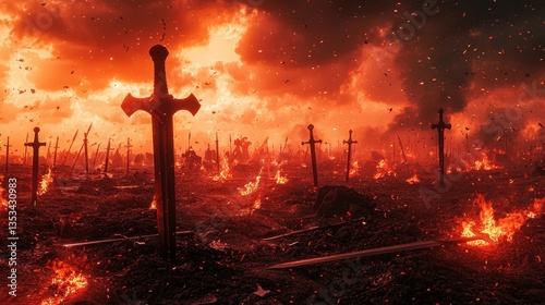 Swords Imbedded In Fiery Ground Under A Dramatic Cloudy Sky
