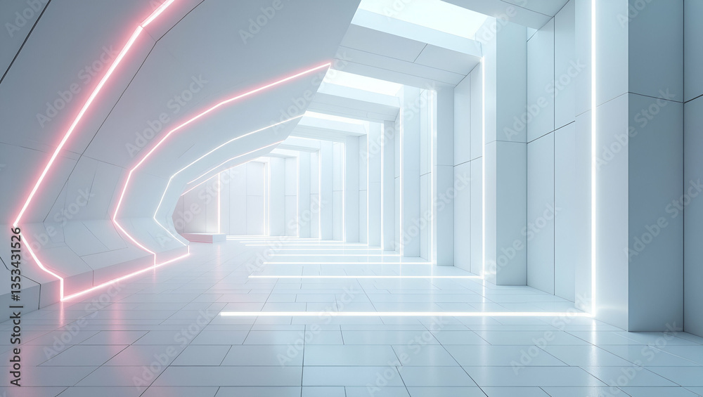 Obraz premium Futuristic Tile Weaving: Angled Arcs and Neon Geometry in Advanced Workplace Design - Refined Code Inspired Lines Connecting Bright Nodes in Stark Emptiness for Enhanced Brand Sophistication