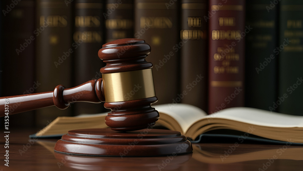 Wooden gavel rests on desk with law texts behind highlighting judicial review enforcement and definitive rulings within legal frameworks concept as A formal setting reveals a judge instrument of autho Wooden gavel rests on desk with law texts behind highlighting judicial review enforcement and definitive rulings within legal frameworks concept as A formal setting reveals a judge instrument of autho