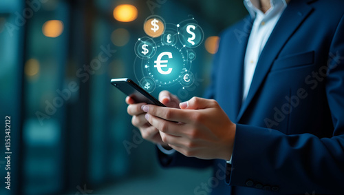 Wallpaper Mural Flat Online banking interbank payment concept showing businessman using smartphone with virtual global currency symbols for money transfers and currency exchanges between countries concept as Business Torontodigital.ca