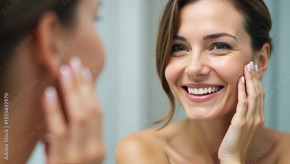 Flat Close up portrait of gorgeous happy middle aged woman looking at mirror touching her skin enjoying treatment for dry skin advertising anti aging beauty skin care products. concept as Gorgeous mid Flat Close up portrait of gorgeous happy middle aged woman looking at mirror touching her skin enjoying treatment for dry skin advertising anti aging beauty skin care products. concept as Gorgeous mid