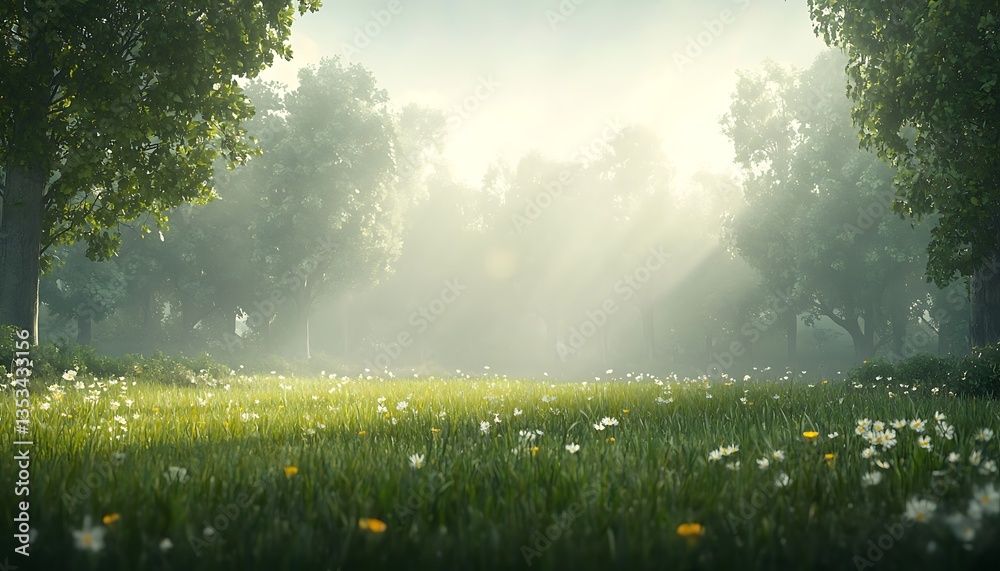 Fototapeta premium Misty Dawn with Spring Meadow.