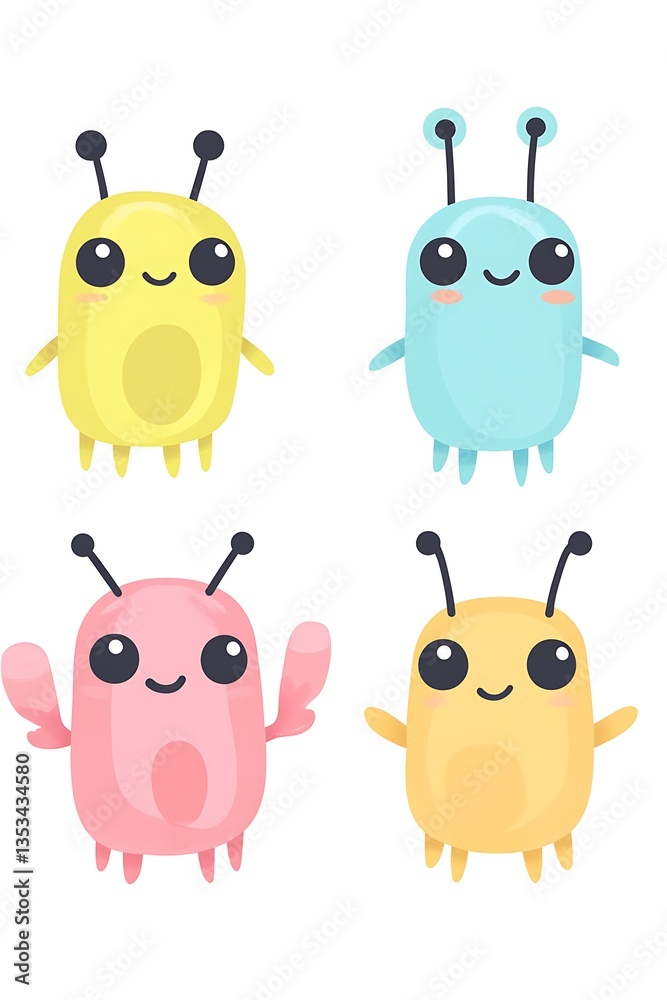 Four Cartoon Creatures Of Various Colors Looking Playful And Cute Four Cartoon Creatures Of Various Colors Looking Playful And Cute
