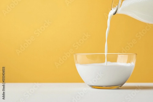Close-up of milk pouring into glass bowl against yellow background.