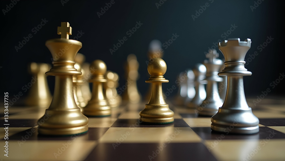 Flat Gold and Silver Chess Pieces on Board: A Business Metaphor for Strategic Leadership and Thinking Flat Gold and Silver Chess Pieces on Board: A Business Metaphor for Strategic Leadership and Thinking