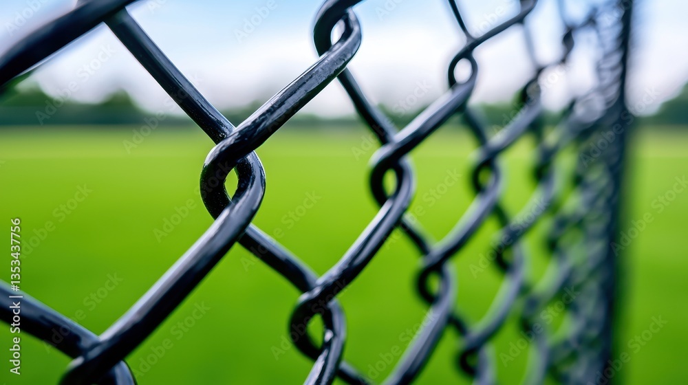 Close-up of a black chain-link fence with a vibrant green field in the background. Close-up of a black chain-link fence with a vibrant green field in the background.