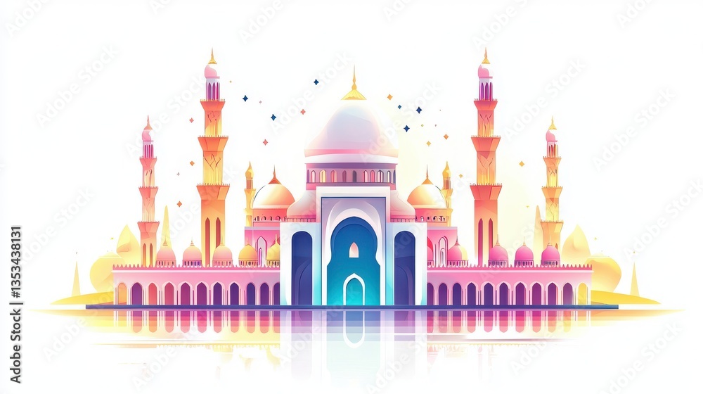 Fototapeta premium Soft, colorful vector illustration of a mosque for Eid al-Adha Mubarak and Ramadan Kareem on a clean white background.