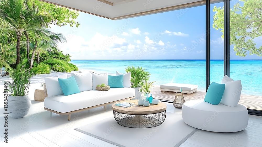 Fototapeta premium Luxurious Beachfront Patio Furniture Ocean View Tropical Relaxation