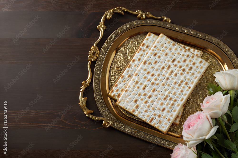 Fototapeta premium Passover Matzah on Ornate Gold Tray with Elegant White and Pink Roses