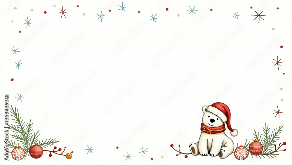 Whimsical Watercolor Illustration of Polar Bear in Festive Red Hat Surrounded by Christmas Ornaments and Pine Branches - Evoking Joyful Holiday Spirit in Stock Photo Whimsical Watercolor Illustration of Polar Bear in Festive Red Hat Surrounded by Christmas Ornaments and Pine Branches - Evoking Joyful Holiday Spirit in Stock Photo