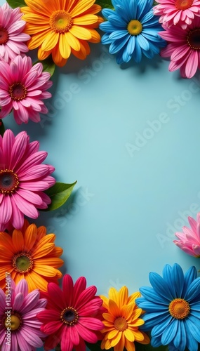 Top view of a variety of brightly colored blossoms forming a colorful edge, petals, seasonal, botanical