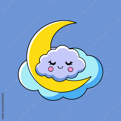 Cartoon moon and sun vector icons with smiley faces in a dreamy night sky illustration