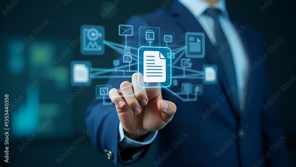 Hand Touching Document Icon: Online Document Management & Storage Hand Touching Document Icon: Online Document Management & Storage