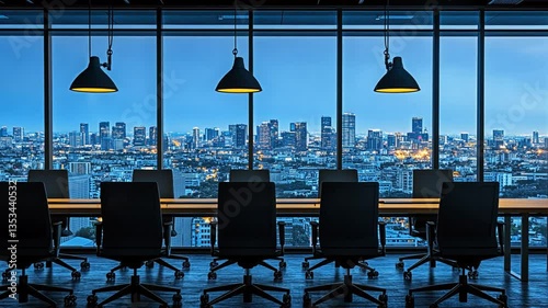 Modern Office with City Skyline Night View