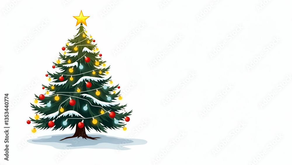 Obraz premium Stunning Vector Illustration of a Christmas Tree Adorned with Colorful Lightbulbs, Shimmering Stars, and Festive Balls, Set Against a White Background with Snow on Leaves and Empty Space for Your Desi
